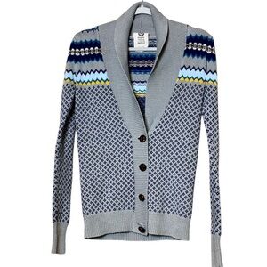 Roxy Gray Shawl Collar Cardigan Sweater w/Blue Yellow Fair Isle Pattern